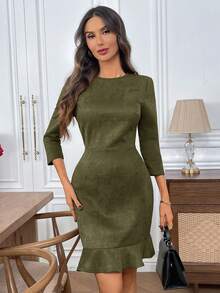 SHEIN LUNE 女士纯色简约休闲圆领长袖短裙 - 軍綠色 - 查看 3