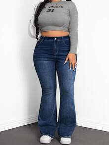 SHEIN Tall CURVE 大码高腰深蓝色修身喇叭牛仔裤 - 藍色 - 查看 6
