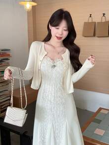 DAZY 两件套女式韩版拼接连衣裙和开衫套装，优雅的春夏休闲套装 - 杏色 - 查看 4