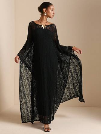 SHEIN Veneréa 2pcs Women's Black Lace Sheer Cover-Up & Camisole Dress Set