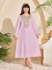 少女中东风亮片连衣裙搭配网纱套头外套套装，可爱粉色优雅派对装扮 - 粉色 - 查看 4