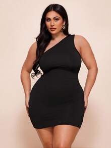 SHEIN BAE Vestido negro asimétrico de hombros para vacaciones, talla grande y mini - Negro - Ver 4