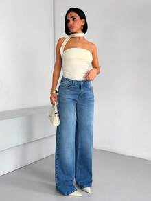 SHEIN LOW WAIST WIDE LEG DENIM JEANS - Medium Wash - View 4