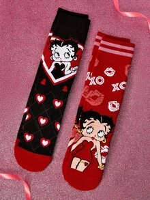 Betty Boop x SHEIN 2双装柔软透气吸湿休闲女士中筒袜，时尚可爱卡通紫白图案，加固袜头和袜跟，经久耐穿，四季皆宜，夏季冬季百搭，图案袜子