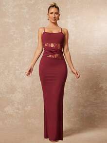 Lumalex Elegant Party Solid Color Lace Patchwork Fitted Dress - Black - View 9