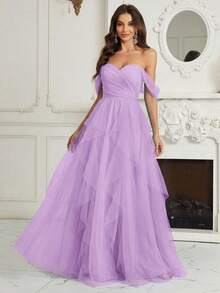 SHEIN Belle Off Shoulder, Chest Ruched, Multi-Layer Asymmetrical Ruffle Hem Bridesmaid Dress (Adult) - Lilac Purple - View 4