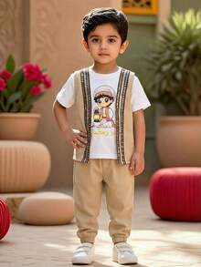 男童夏季休闲撞色卡通印花T恤和裤子套装 - 彩色 - 查看 3