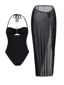 Swim Oasis 2PCS Spring Break Women Summer Swimsuit Set, Solid Color Metal Accent Detachable Strap Swimsuit With Slit Maxi Skirt - Black - View 2