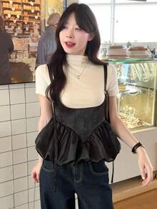 DAZY Women's Layered Ruffled Floral Casual Blouse, Korean Princess Style - Black - View 1