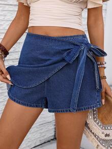 Breezaya Women's Casual Versatile Denim Wrap Tie Skirt Pants - Medium Wash - View 7