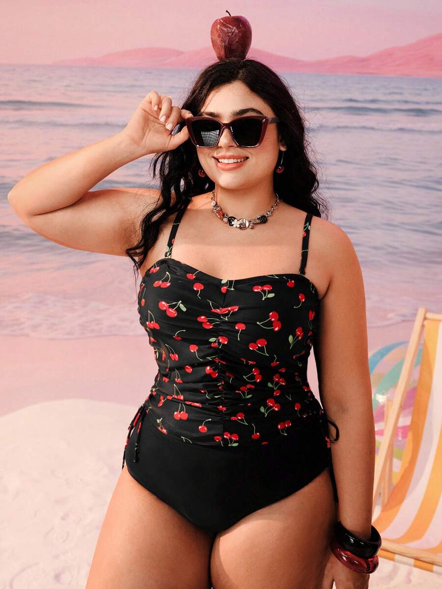 Swim Mod Plus Size Women 2pcs Random Print Tankini Swimwear With Tummy Control, Suitable For Beach & Holiday - Multicolor - View 1