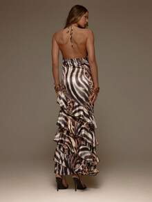 MUSERA 动物纹缎面交叉前襟层叠荷叶边无袖长款连衣裙，情人节性感可爱派对浪漫夜晚外出场合度假优雅春夏 - 彩色 - 查看 2