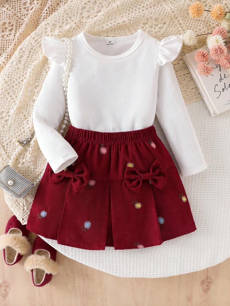 SHEIN Elladie kids 可爱休闲女童短袖罗纹上衣和刺绣半裙套装,舒适甜美的酒红色樱桃图案女童服装,瓢虫图案女童半裙两件套,可爱复古风秋冬女童连衣裙 - 酒紅色 - 查看 1