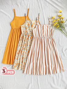 Vintaside Kids 女童夏季多件套无袖吊带衫，时尚百搭，休闲简约，适合户外旅行、海滩玩耍或露营等休闲场合穿着。 - 橘色 - 查看 3