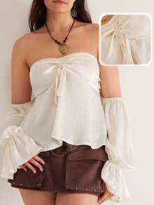 SHEIN VCAY Blus Modis Wanita Ukuran Besar Warna Polos Model Off-Shoulder Lengan Lebar dengan Tali Serut di Depan - Aprikot - View 7