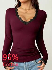 Tseoso Casual Deep V-Neck Lace Trim Fitted Long Sleeve T-Shirt, Suitable For Autumn/Winter Red - Burgundy - View 4