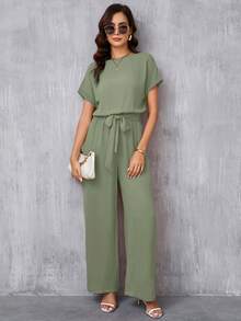 SHEIN Clasi Women's Elegant Round Neck Jumpsuit With Waist Belt And Wide Leg - Mint Green - View 4