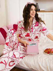 Young Casual Bow Western Boots Pajamas Valentine's Day Heart Western Boots Hat Pattern Satin Short Sleeve Pants Pajama Set, Soft Pink Women Pajama Set - Multicolor - View 5