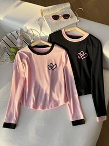 2 pezzi/set Magliette a maniche lunghe con scollo rotondo e stampa a cuori colorblock, per ragazze pre-adolescenti - Multicolore - Visualizzare 4