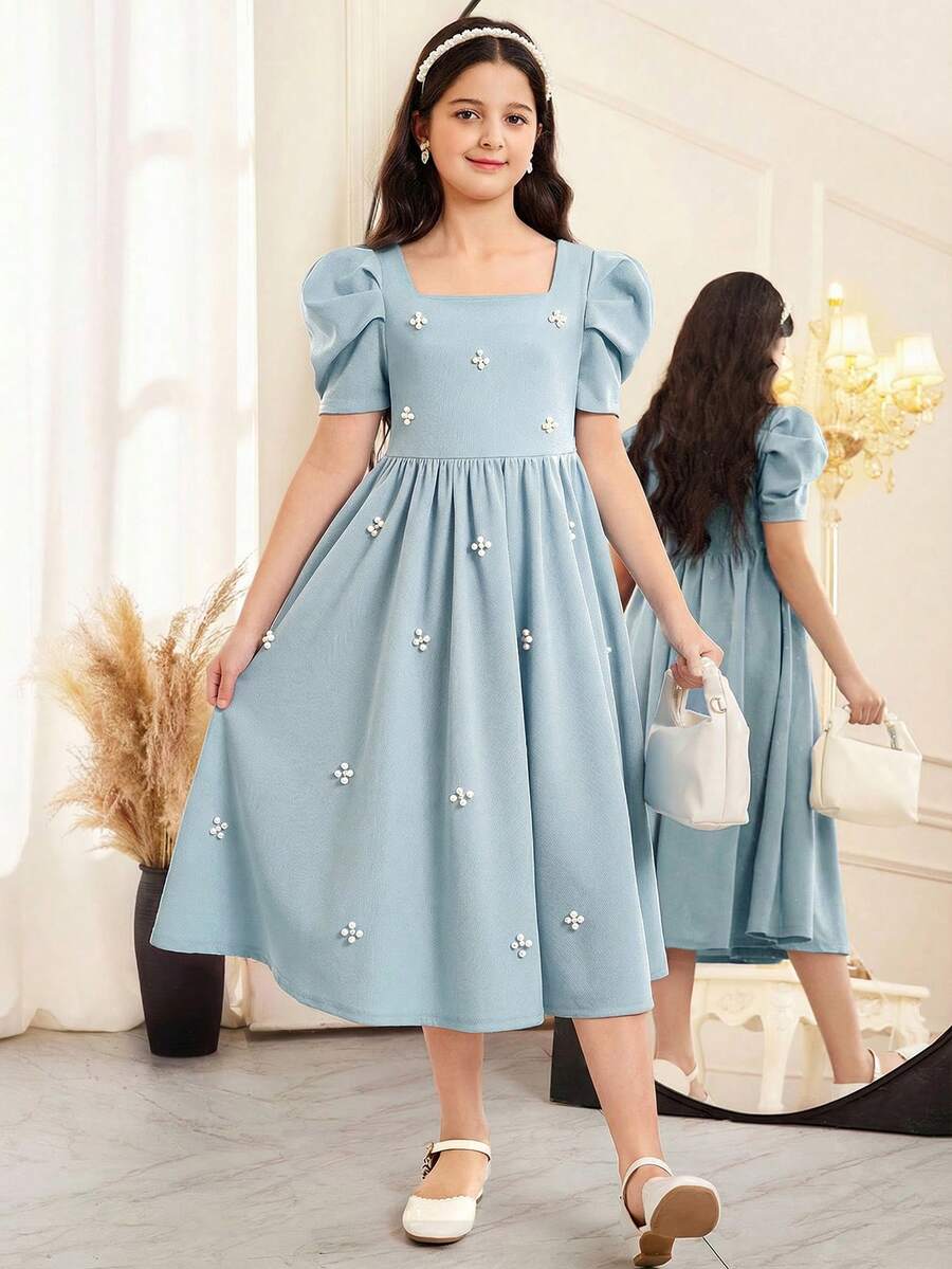 少女优雅珍珠点缀方领羊腿袖荷叶边下摆缎面连衣裙，适合婚礼、派对、生日、聚会、春夏穿着。 - 淺藍色 - 查看 1