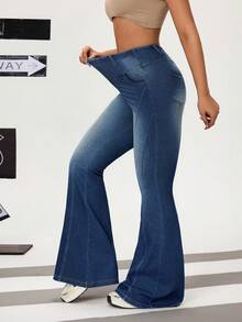 Flexra Women's Casual Washed High Waist Flare Jeans - Blue - View 6