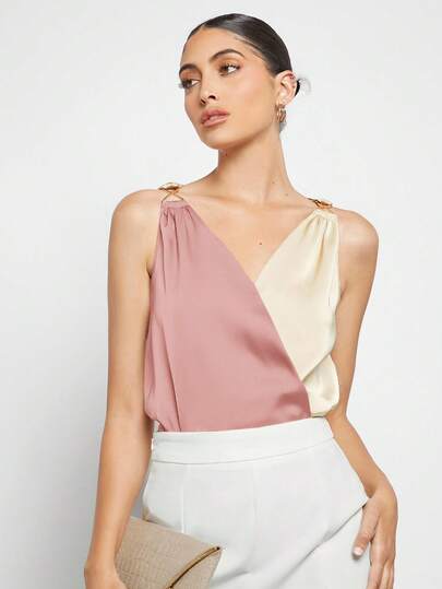 BizChic Camisa casual de mujer con parches de unicolor y decoración de metal, blusa minimalista urbana de oficina y negocios casual elegante y formal, primavera/verano