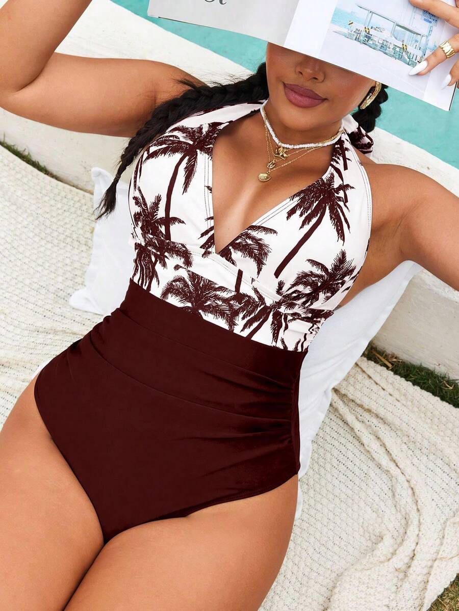 Swim Lushoire Traje de baño de una pieza con cuello halter y pliegues con estampado de palmeras para mujer de talla grande