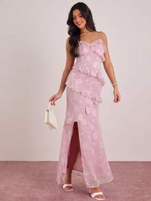Enchnt Robe longue élégante pour femmes avec découpes, patchwork, volants et fente sur l'ourlet - Parme - Voir 1