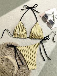 Swim Mod 2025 Women's Summer Beach Polka Dot Print Contrast Lace Halter Tie Sexy Bikini Swimsuit Set - Yellow - View 2