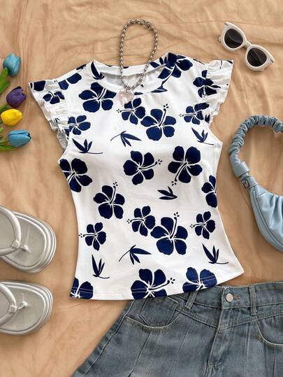 Soleia Camiseta de manga corta con estampado floral casual para mujer, de verano