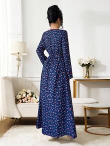 Yasmyna Vestido árabe elegante de manga larga con cuello cuadrado y estampado floral diminuto - Azul Marino - Ver 7