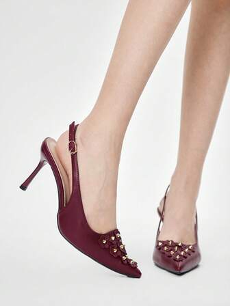 Women's Elegant Commuter Pumps With Stud And 3D Floral Decor, Pointed Toe