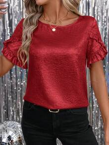 SHEIN Clasi 女士箔片荷叶边短袖情人节衬衫 - 紅色 - 查看 3
