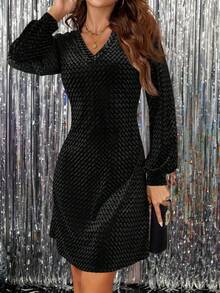 SHEIN Clasi Women's V-Neck Velvet Christmas & New Year Mini Dress - Black - View 4