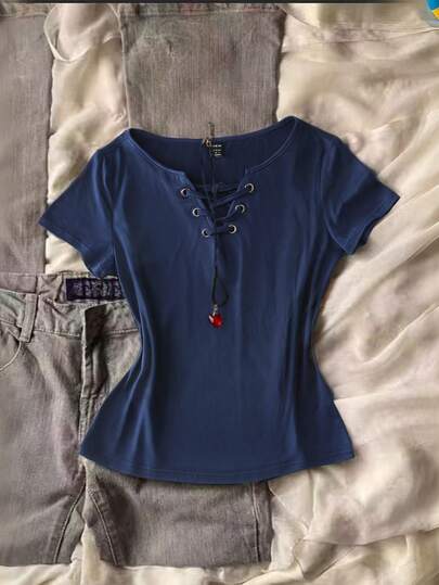 Glimmora 女士时尚复古休闲镂空V领抽绳修身短袖T恤