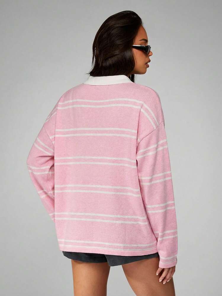MISSGUIDED Striped Rugby Knit Sweater With Collared Neckline And Half Button Closure Fall Winter Pullover