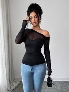 Rafferiza New Women's Elegant Top With Sexy Mesh Paneling, Curved Chest Design, Fitted Waist, Long Sleeves, Black Mesh Paneling Sexy Top - Black - View 4