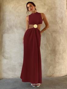 Aloruh Minimalist Commuter Chic Wedding Season Sexy Extra Long Dress,Summer Dresses For Women - Burgundy - View 4