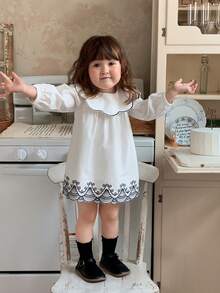 DAZY Baby Girl Peter Pan Collar Cute Embroidery Contrast Color Korean Style Long Sleeve Dress, Spring/Autumn - White - View 5