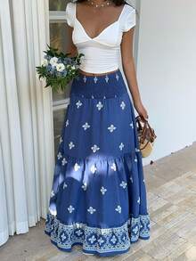 Sunnyshic Navy Blue Embroidered Pattern Waist Gathered Pleated Ruffle Hem Loose Long Skirt For Women, Spring/Summer , Vacation, Bohemian, Elegant, Casual, Date, Minimalist - Navy Blue - View 6