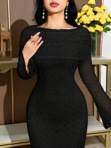 Feyla 女士纯色船领长袖修身喇叭袖连衣裙 - 黑色 - 查看 6