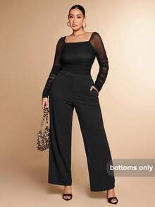 SHEIN BAE Quần tây nữ cỡ lớn màu đen, cạp lệch, cài nút, dáng suông, thích hợp đi chơi, hẹn hò, kiểu quần rộng thùng thình, quần ống rộng, dịp Giáng sinh, tôn dáng, bộ vest, thanh lịch. - màu đen - Xem 3