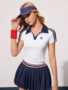 CourtClass 女士运动瑜伽户外健身Polo衫，撞色领口和肩部条纹