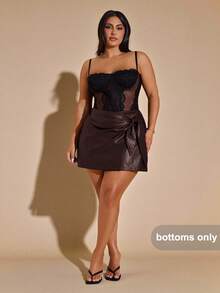 SHEIN BAE Chân váy chữ A bằng da PU màu đỏ tía cỡ lớn dành cho nữ, đầu thu - Cà phê nâu - Xem 5