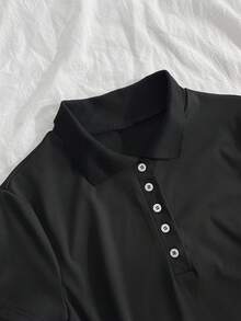 SHEIN Unity Đầm ngắn tay cổ chữ V khoét sâu, kiểu dáng giản dị, phù hợp cho mùa xuân, hè, thu và đông. - màu đen - Xem 7