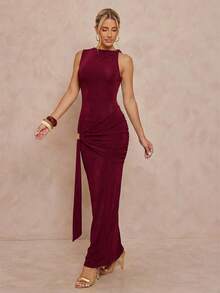 Lumalex 女士无袖休闲通勤连衣裙 - 酒紅色 - 查看 11