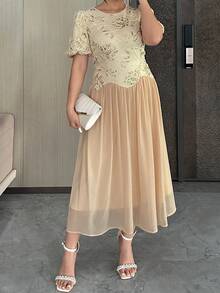 Dazy Plus Plus Size Women Elegant Lace Patchwork Chiffon Bodycon Midi Dress, Suitable For Dates Summer Sundress Floral Dresses For Women - Apricot - View 5