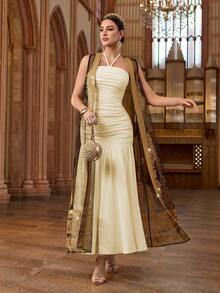 Al Najma Đầm ôm sát không tay cổ yếm dành cho nữ, trang phục kiểu Ả Rập. - Màu be - Xem 1