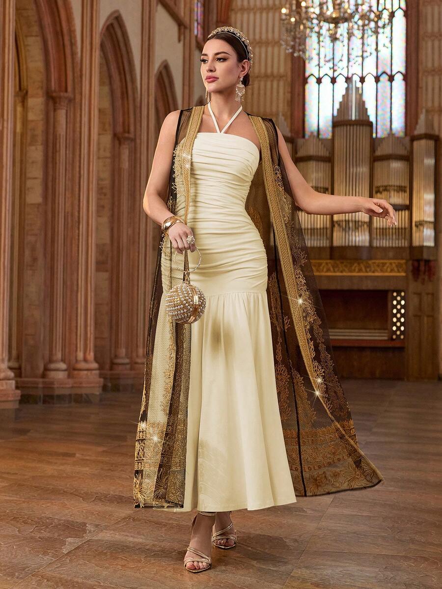 Al Najma Đầm ôm sát không tay cổ yếm dành cho nữ, trang phục kiểu Ả Rập. - Màu be - Xem 1