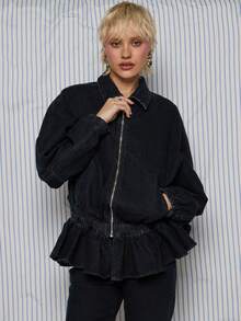 COUREZ Frill Hem Denim Track Jacket /Y2K Spring For Women Cute Going Out Black Jackets For Women Summer Jackets - Black - View 1